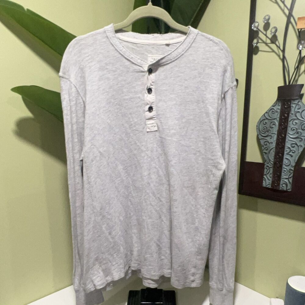rag & bone STANDARD ISSUE Men's M Light Grey Long Sleeve Henley Shirt Cotton